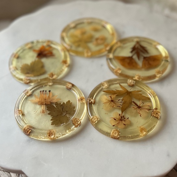 Vintage Lucite pressed dried Flowers coasters set of 5 - Picture 1 of 8